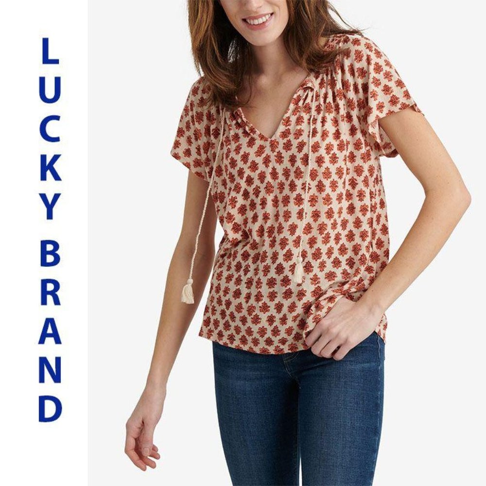 Lucky Brand NWT Womens Printed Tassel Blouse S/P